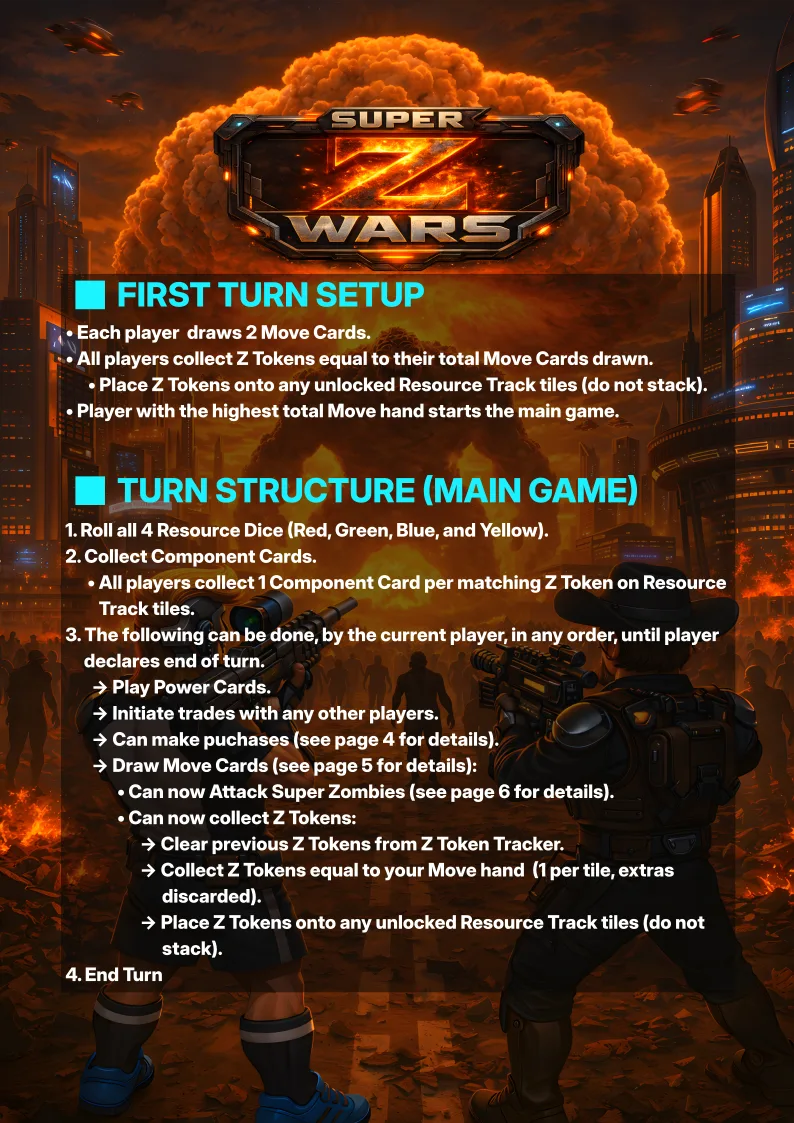 Official Super Z Wars rulebook page explaining first-turn setup and main-game turn structure